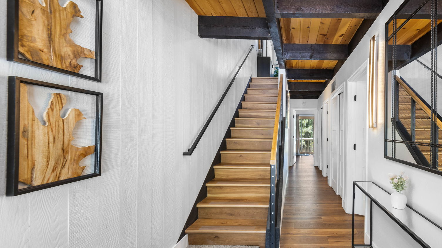 Cubs Manor: entry hall with stair and blackened beams